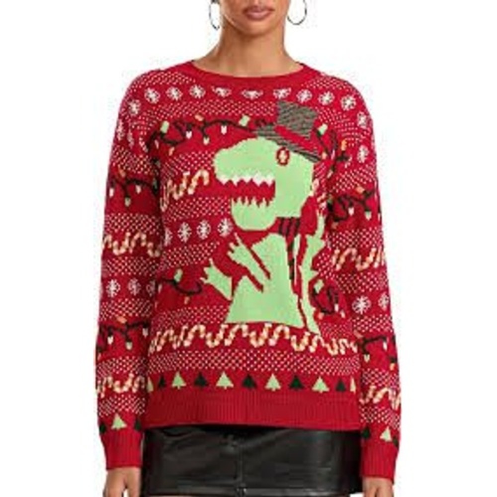 Simplee Unisex T-Rex Dinosaur Red Christmas Holiday Sweater LARGE Festive